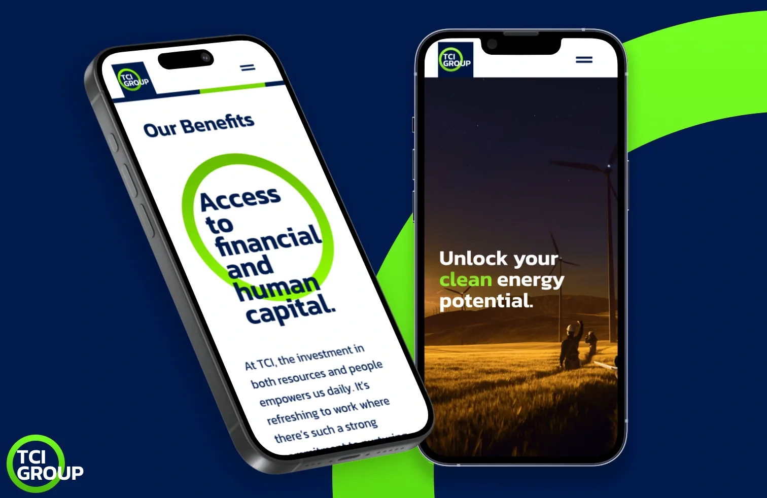 TCI Group website on two phones: “Unlock your clean energy potential” over a wind farm at dusk, and a benefits page reading “Access to financial and human capital”