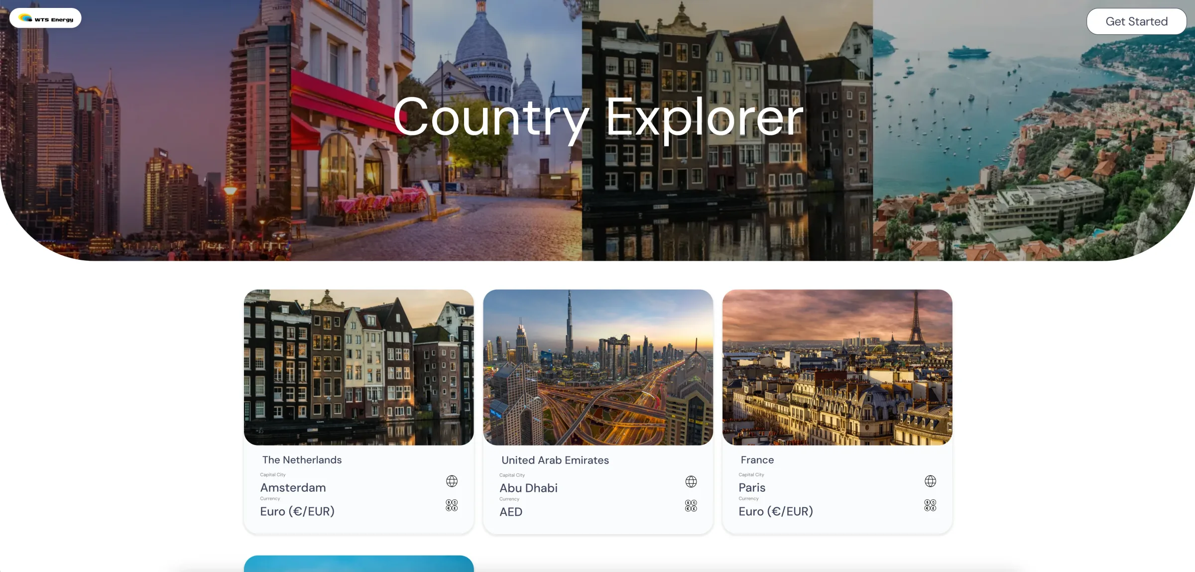 WTS Energy Country Explorer page with cards for the Netherlands, United Arab Emirates and France showing capital city and currency