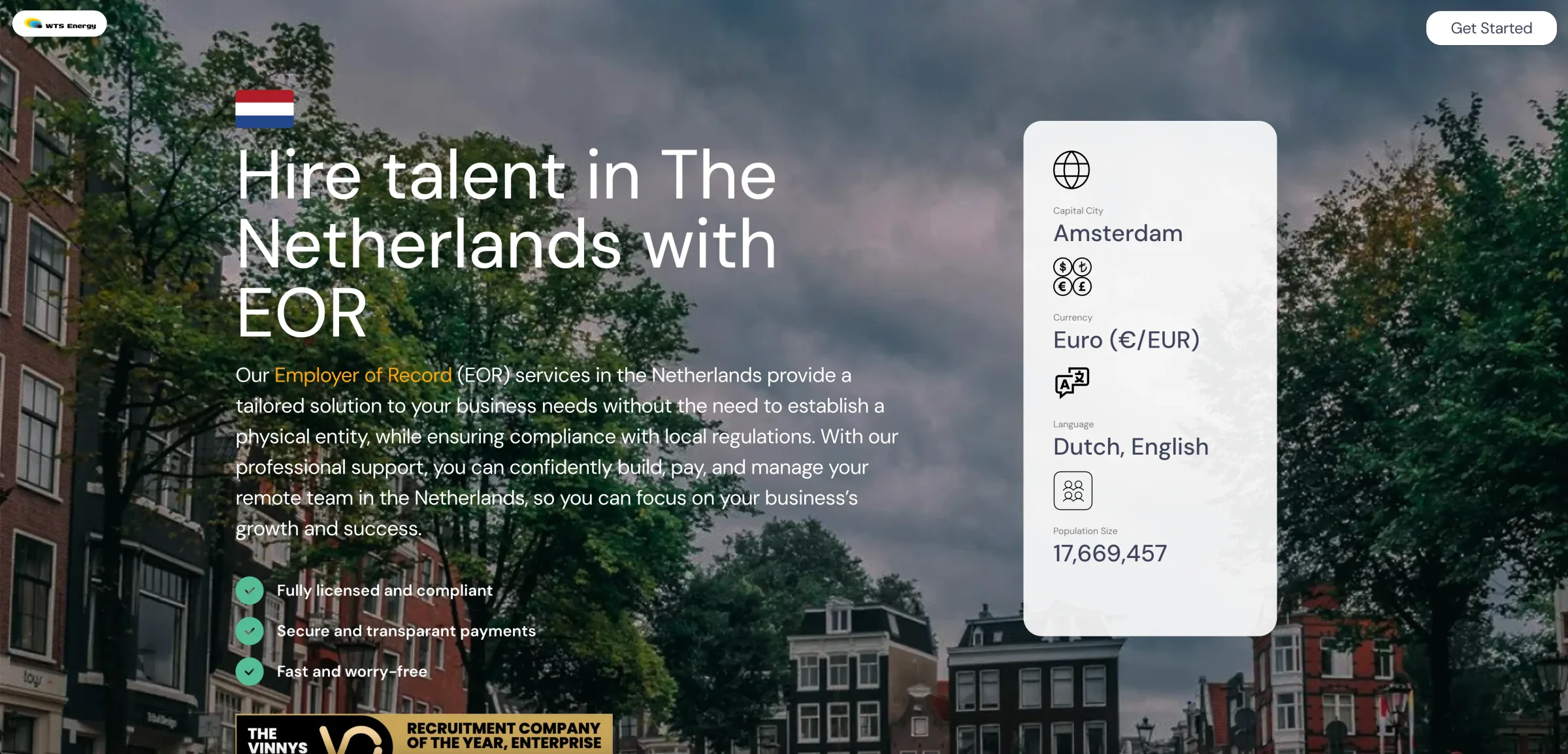 WTS Energy Netherlands Employer of Record page, headlined “Hire talent in The Netherlands with EOR”, with a country facts card and compliance checklist